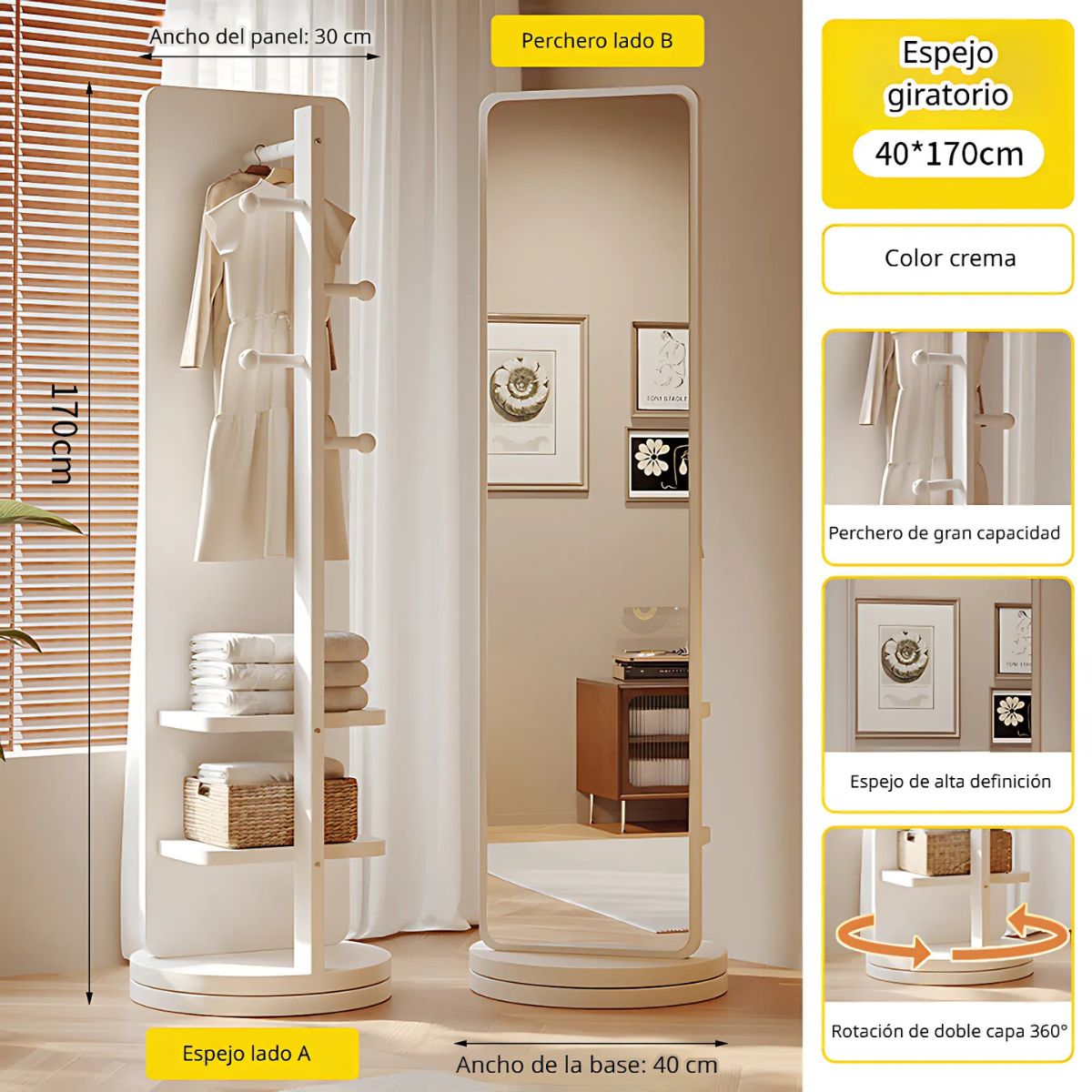 Espejo de Cuerpo Entero 40×170 cm con Perchero Giratorio 360° y Estantes. Color Crema para Dormitorio o Vestidor.