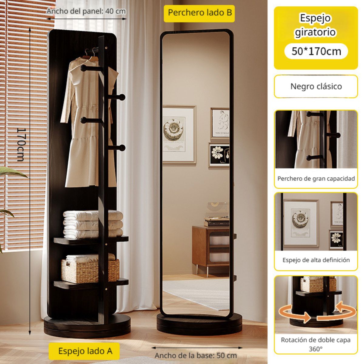 Espejo de Cuerpo Entero 50×170 cm con Perchero Giratorio 360° y Estantes. Color Negro para Dormitorio o Vestidor.