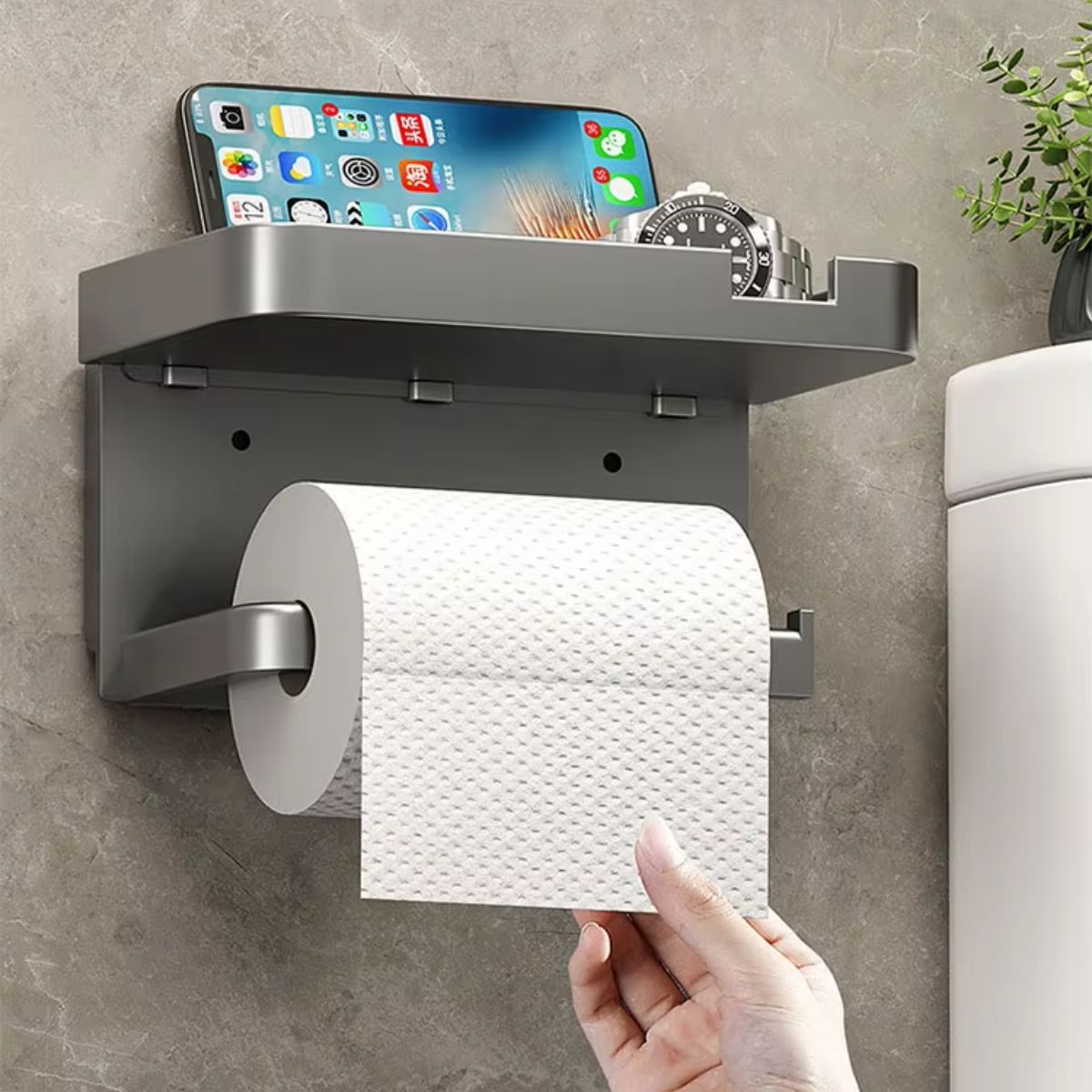 Portarrollos de Papel Higiénico con Bandeja soporte para celular. Color gris.