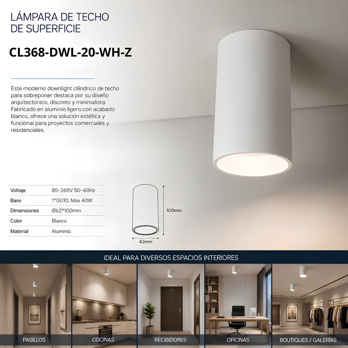 Lámpara de Techo LED de Superficie GU10 Blanca Aluminio IP20 Cilíndrica para Interiores Diseño Moderno.
