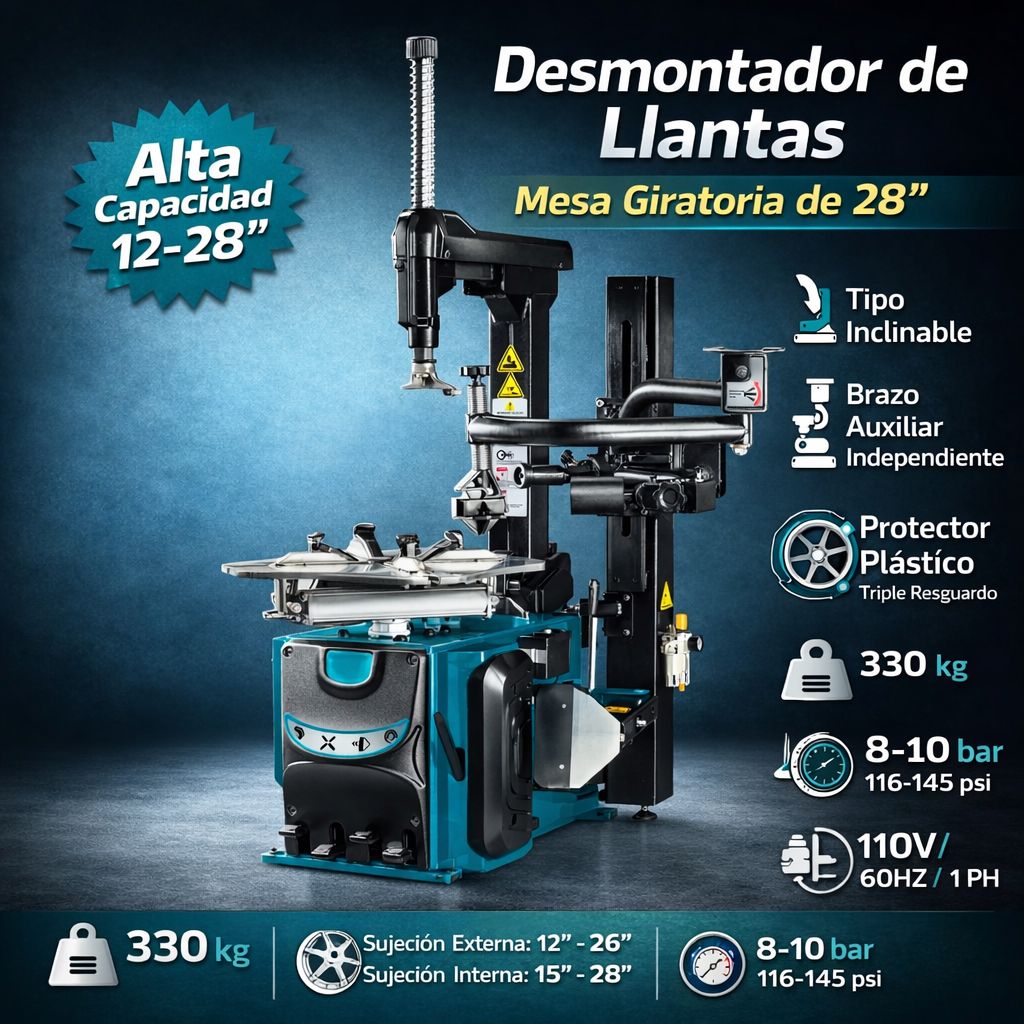 Desmontador de llantas con mesa giratoria de 28" y brazo auxiliar. 110V/60HZ/1PH Cambiadora de ruedas.