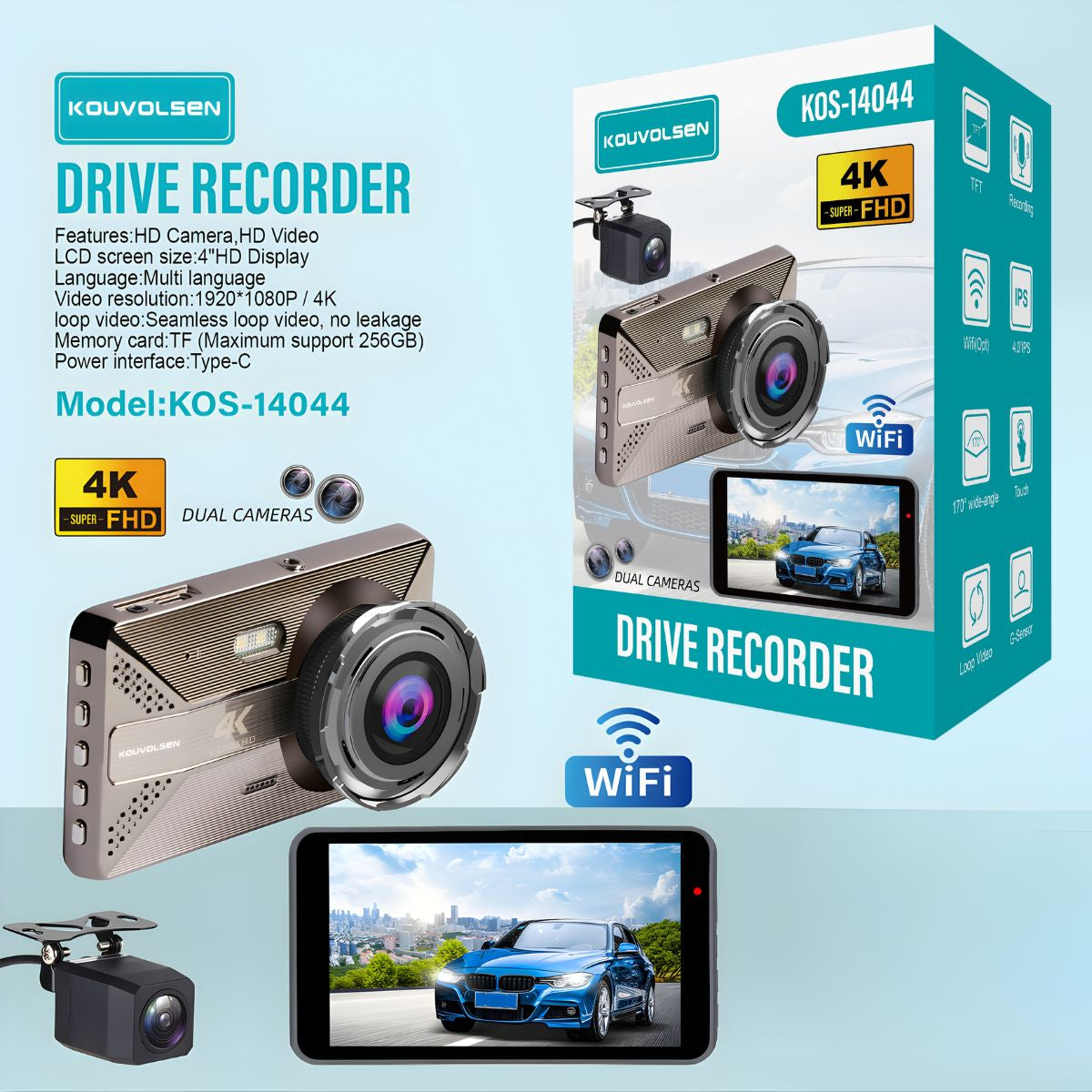 Dash Cam 4K Para Autos 1080P Y WiFi. Grabación Frontal Y Posterior Con ADAS Y Alerta De Punto Ciego. Cámara Vehicular Con Visión Nocturna.