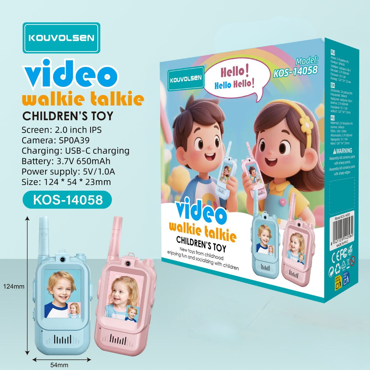 Juguete Walkie Talkie Con Video Para Niños Con Pantalla IPS 2”. Cámara Integrada Y Batería Recargable USB-C.