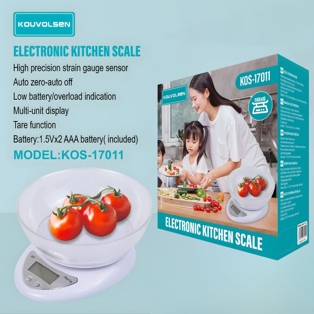 Báscula Digital de Cocina con Bowl. Pesa Balanza Electrónica con recipiente. Alta Precisión. Capacidad Hasta 5Kg.