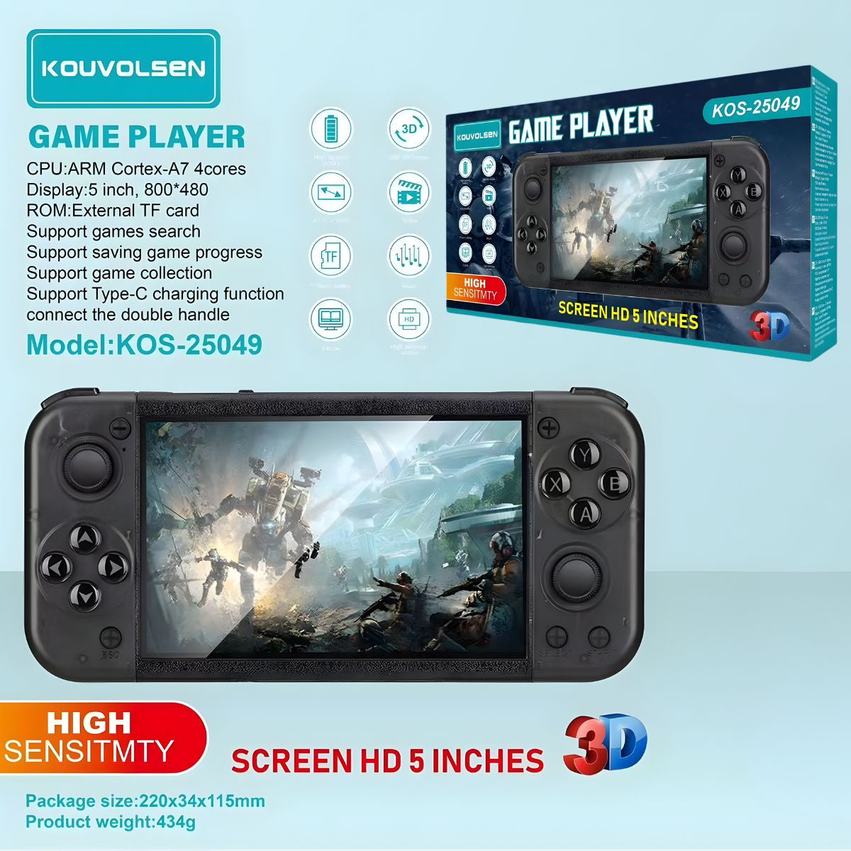 Consola de videojuegos Portátil 5” HD 3D con Procesador Quad Core y Soporte Tarjeta TF. Color negro.
