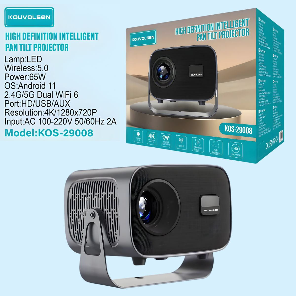 Proyector 4K Inteligente WiFi Dual Band con Android 11 y Bluetooth 5.0 Proyector multimedia con Enfoque Electrónico y Corrección Automática.