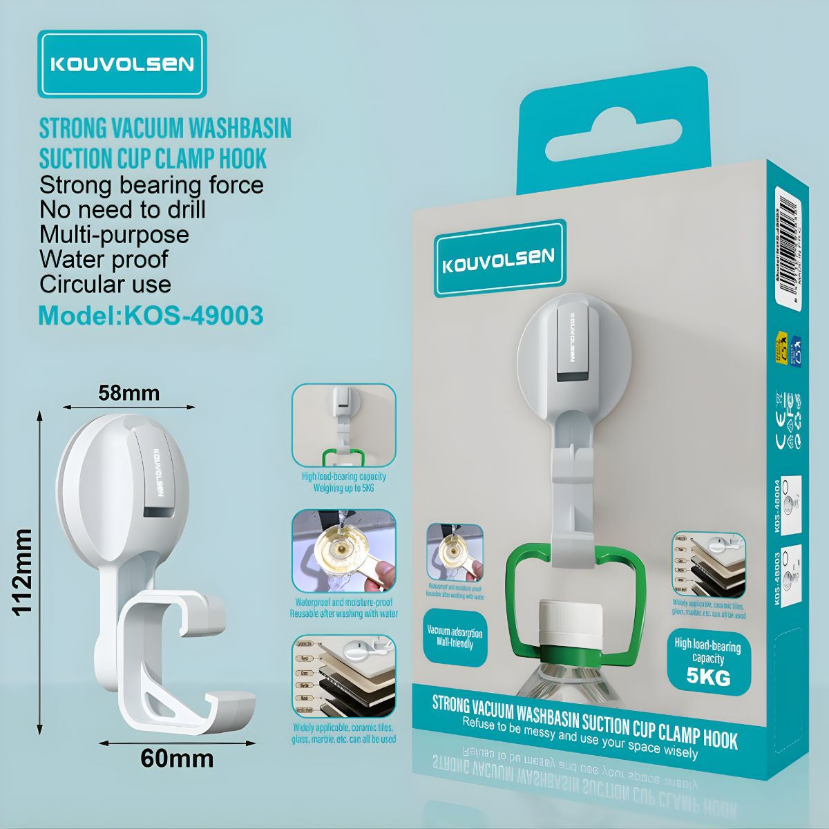 Soporte Gancho Organizador de Pared para Escoba o Trapeador. Clip tipo pinza con ventosa para pared de lavandería.