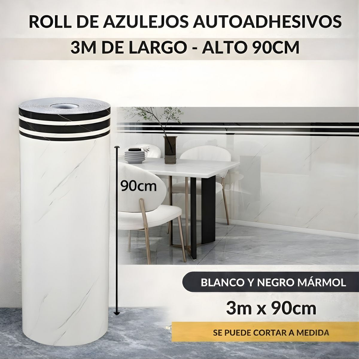 Rollo decorativo 2.5 mm Papel Tapiz Autoadhesivo Tipo mármol blanco y negro. Revestimiento Decorativo para Pared. Rollo 3mx90cm. 2.5 mm espesor