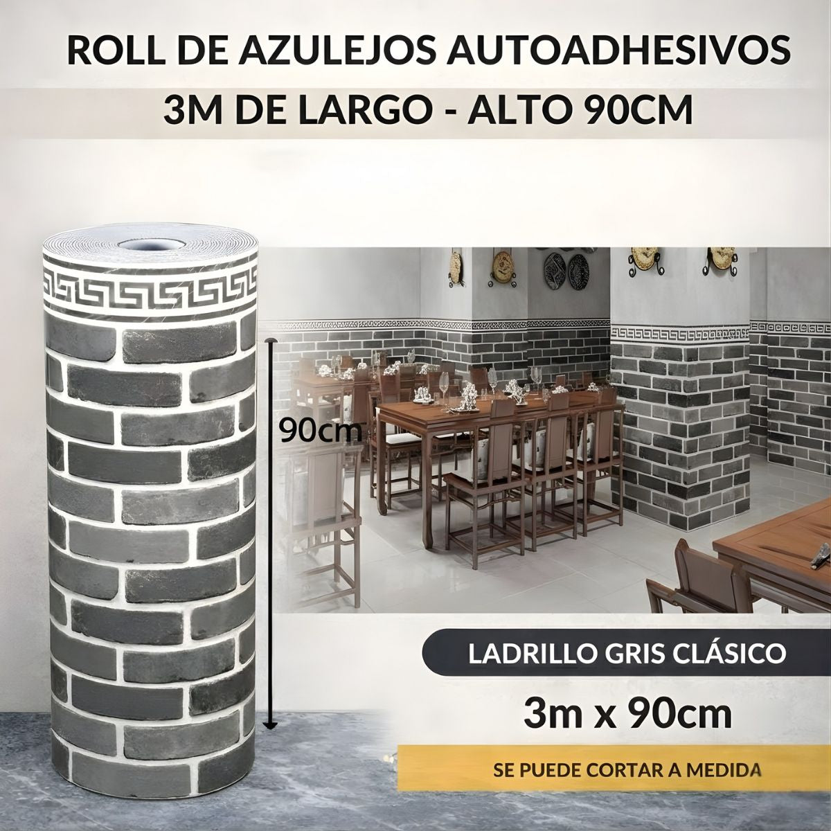 Rollo decorativo 2.5 mm Papel Tapiz Autoadhesivo Tipo ladrillo gris clásico. Revestimiento Decorativo para Pared. Rollo 3mx90cm. 2.5 mm espesor