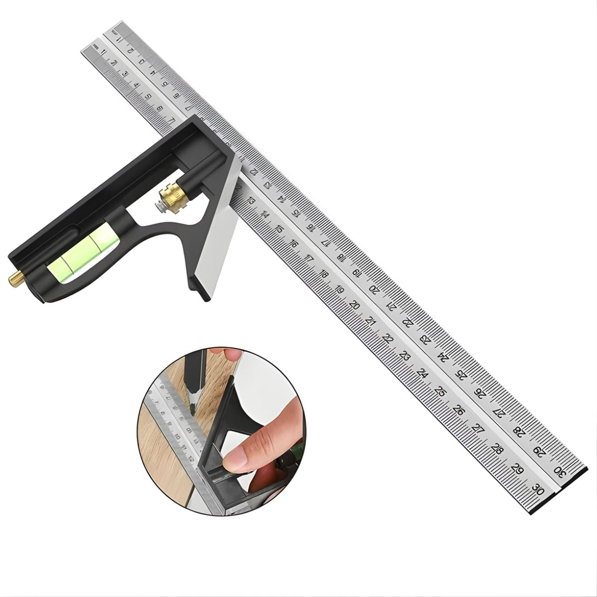 Escuadra de combinacion 300mm con Nivel de Burbuja. Regla combinada de Acero Inoxidable. Medición 45°, 90° y 180°.