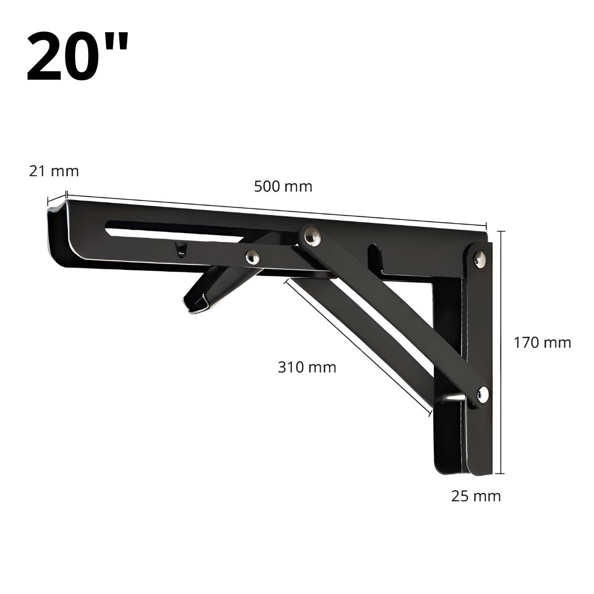 Soporte Brazo Plegable De Repisas Metalico De 20" (50.8 Cm) De Acero Laminado En Frío Para Repisas, Estantes. Escuadra Abatible Color Negro. (Se vende por Unidad)