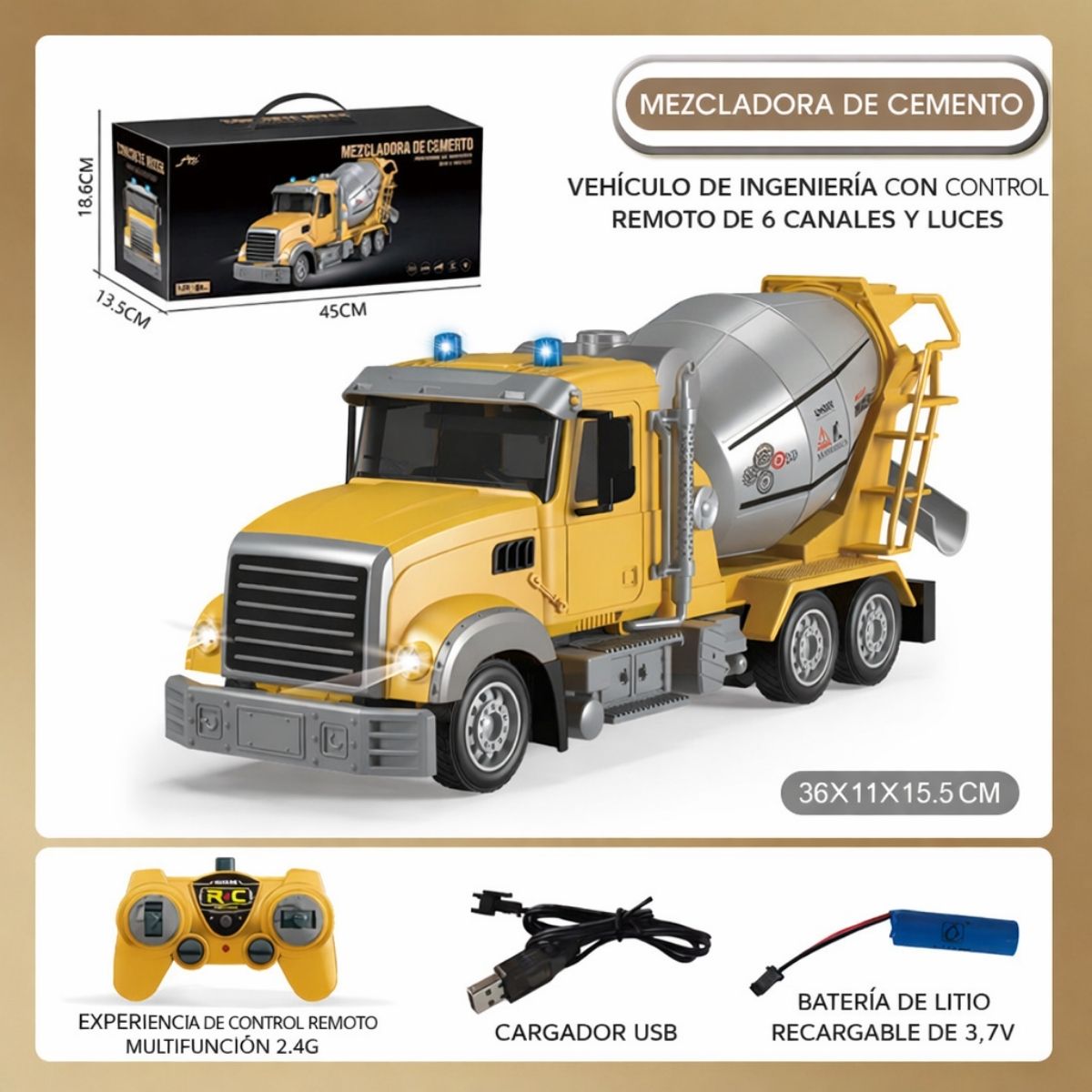 Camión Mezclador de Juguete con Control Remoto con luz, tambor rotativo 360°, Luz LED 15.5x11x36cm. Camión Concretero para Niños.