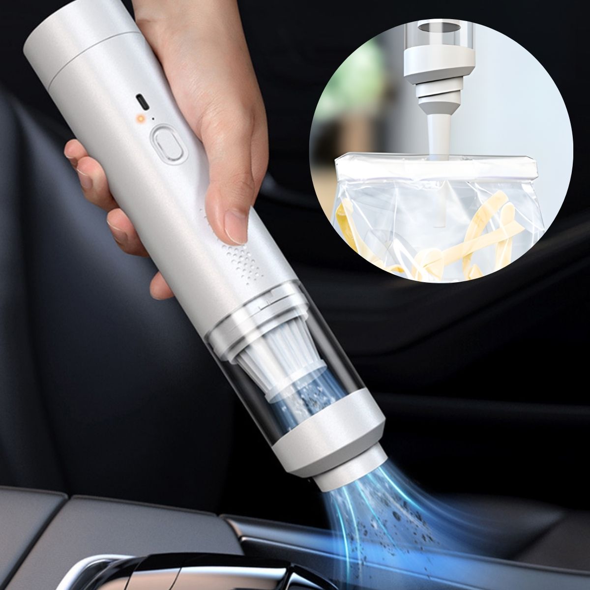 Aspiradora Inalámbrica Portátil 200W 19000PA 3 en 1 Con Modo Soplar, Aspirar e Inflar Con Motor Sin Escobillas Y Carga Tipo-C. Color Blanca.
