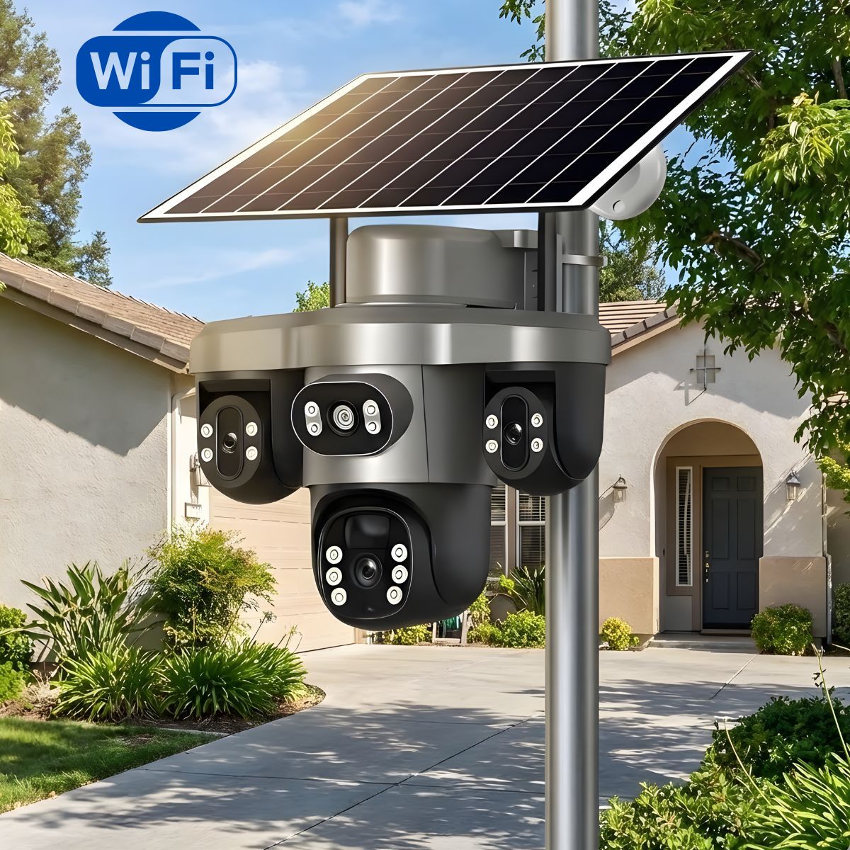 Cámara de Seguridad Solar WiFi Exteriores Triple Lente y Pantalla, PTZ 360°, Zoom 10X, Visión Nocturna a Color y Detección Humana Color Gris T12