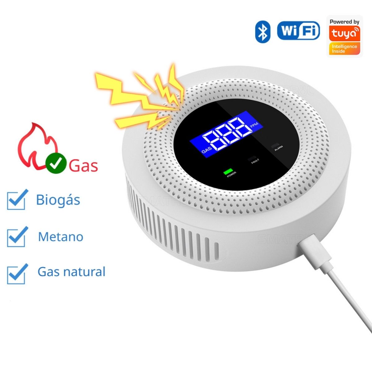 Alarma Detectora De Gas WiFi Y Bluetooth Con Pantalla Digital, 5V/1A Tipo-C, Para Gas Natural, Metano Y Biogás.