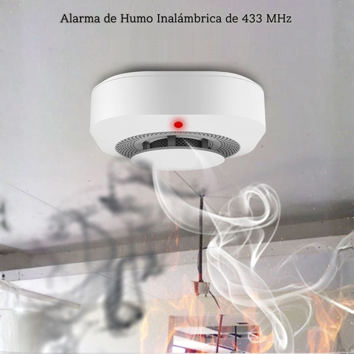 Detector de Humo Inalámbrico Mini 433MHz 80dB LED y Botón Test/Mute. No incluye batería. Alarma contra incendios.