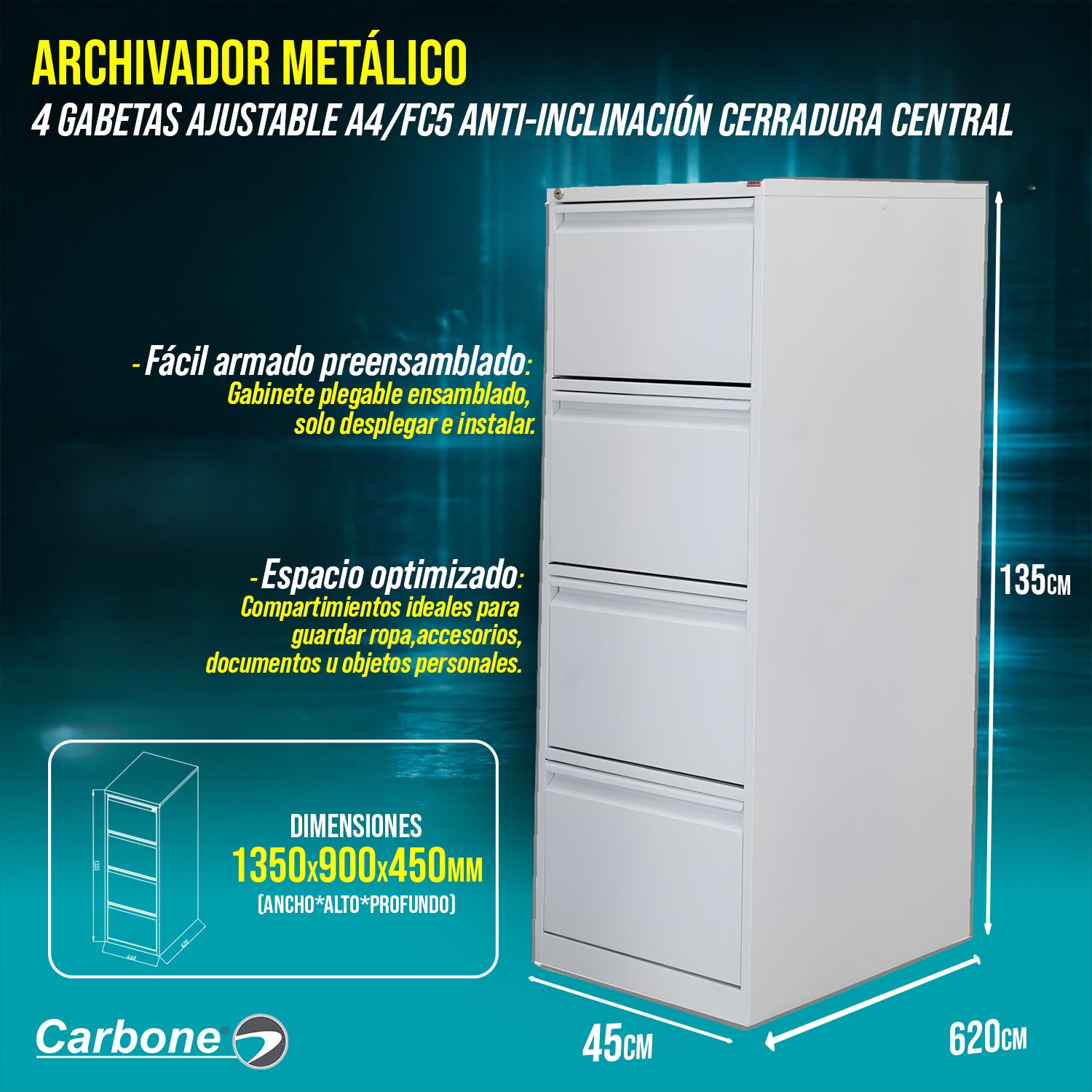 Archivador metalico 4 gabetas ajustable A4/FC5 anti-inclinación cerradura central 1330x456x620mm