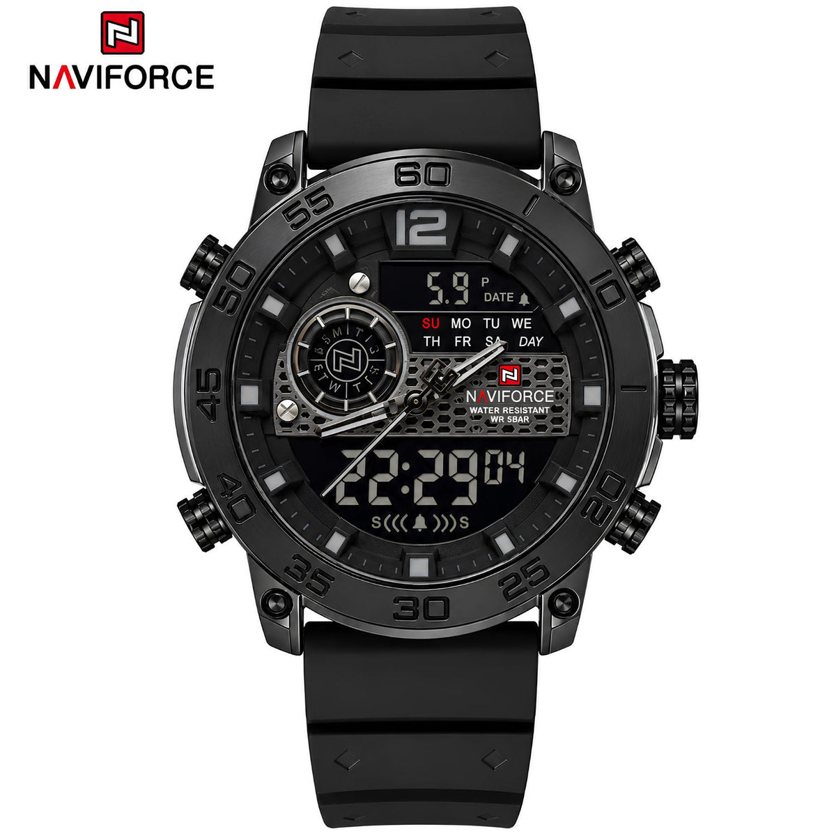 Naviforce Reloj Analógico y Digital en Negro con Correa de Silicona, Diámetro de 45 mm, Cristal Acrílico HD y Resistencia al Agua 5 ATM.