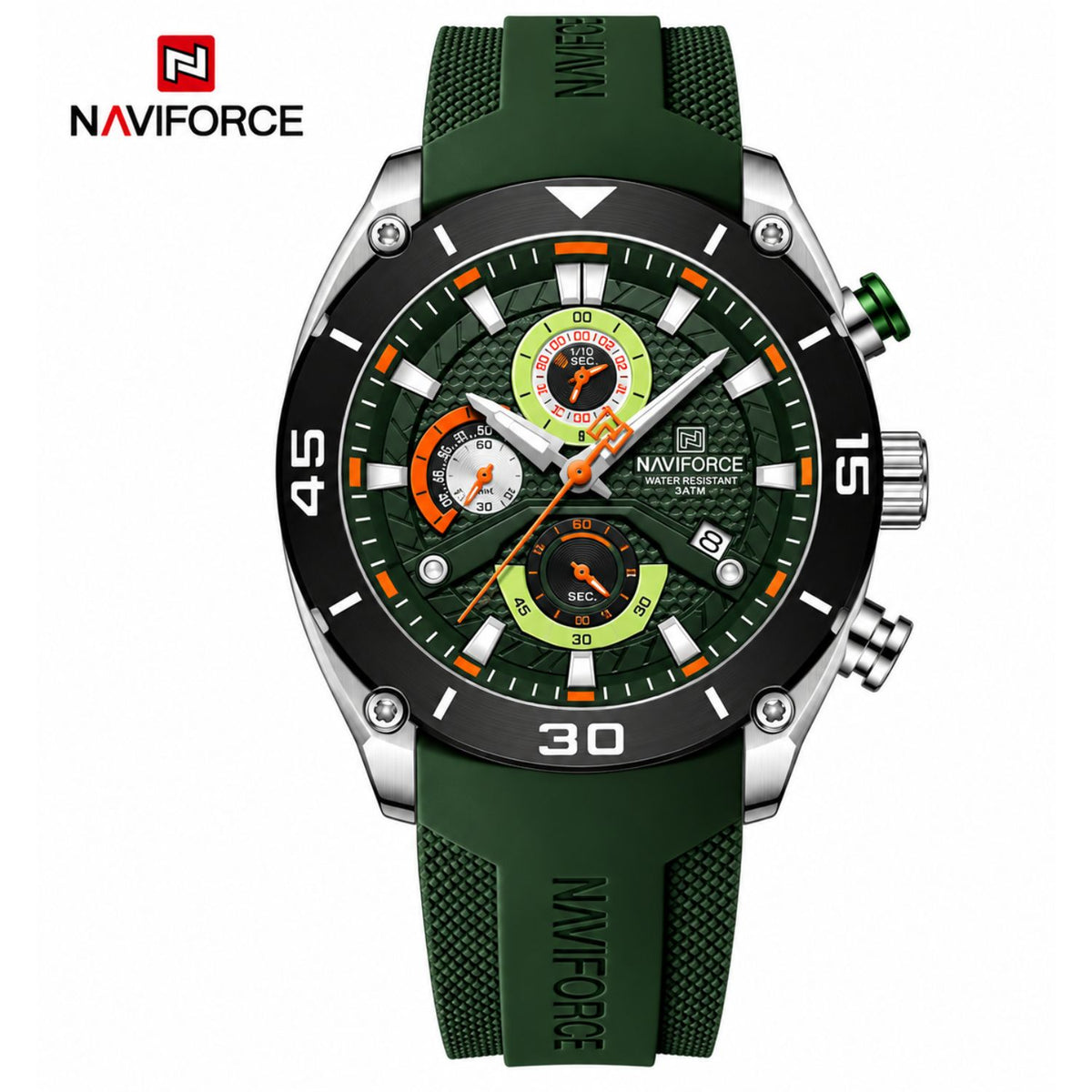 Naviforce Reloj Cronógrafo Plateado y Verde con Correa de Silicona, Diámetro de 46 mm, Cristal Mineral Endurecido y Resistencia al Agua 3 ATM.