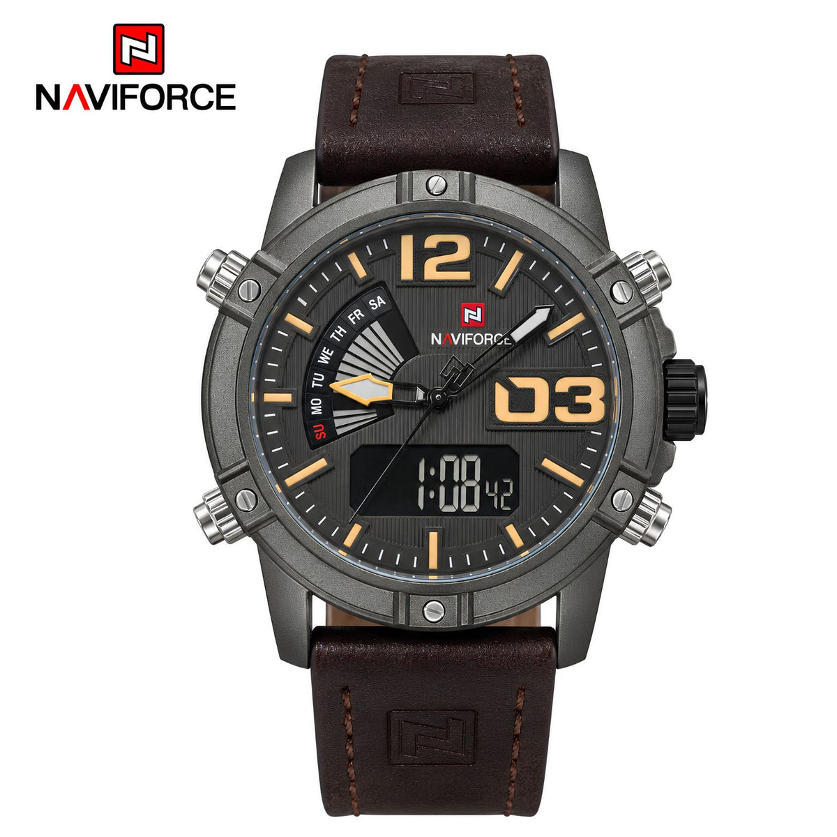 Naviforce Reloj Analógico y Digital marron con Correa marron de Cuero Genuino, Diámetro de 45 mm, Cristal Mineral Endurecido y Resistencia al Agua 3 ATM.