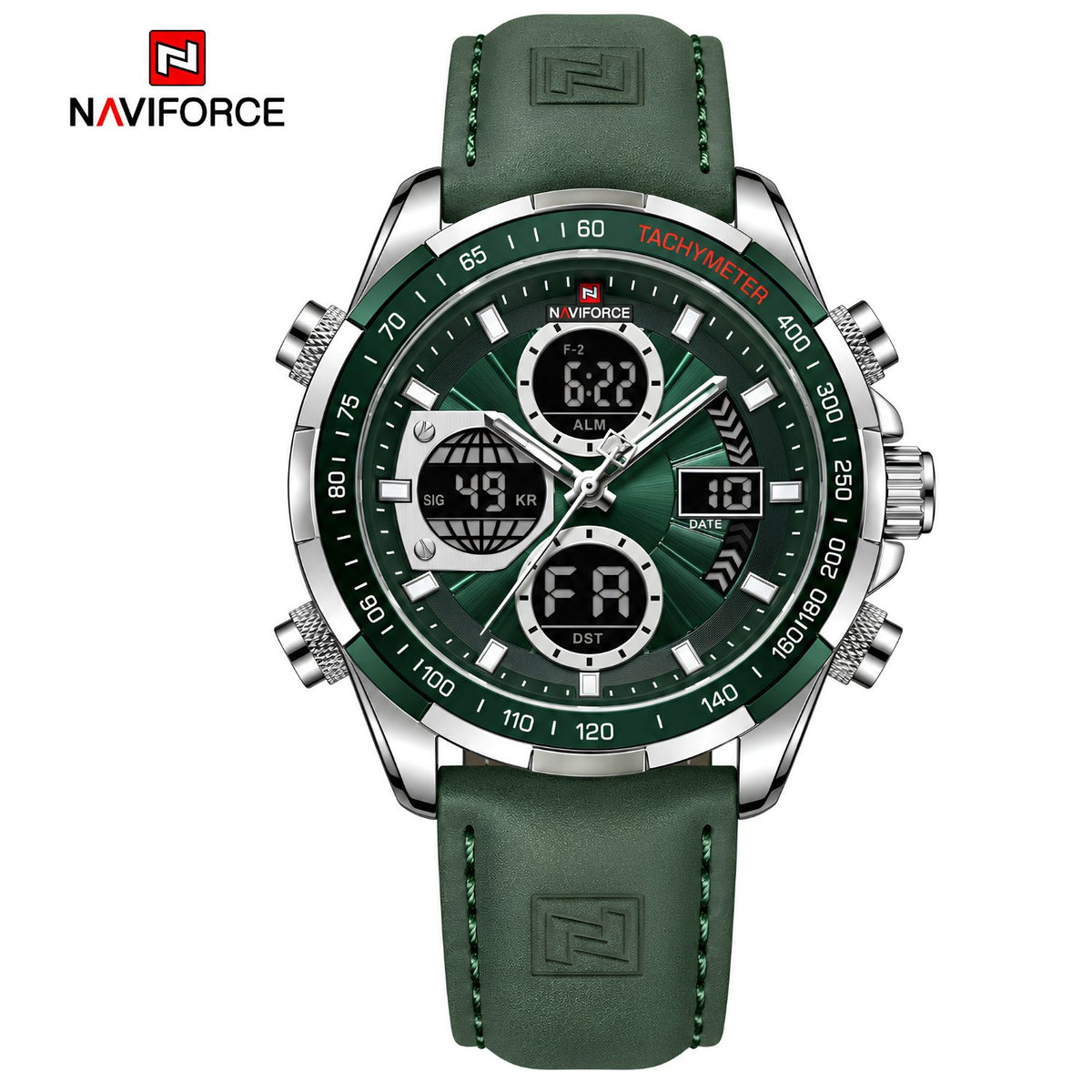 Naviforce Reloj Analógico y Digital plateado con Esfera y Correa Verde de Cuero Genuino, Diámetro de 46 mm, Cristal Mineral Endurecido y Resistencia al Agua 3 ATM.