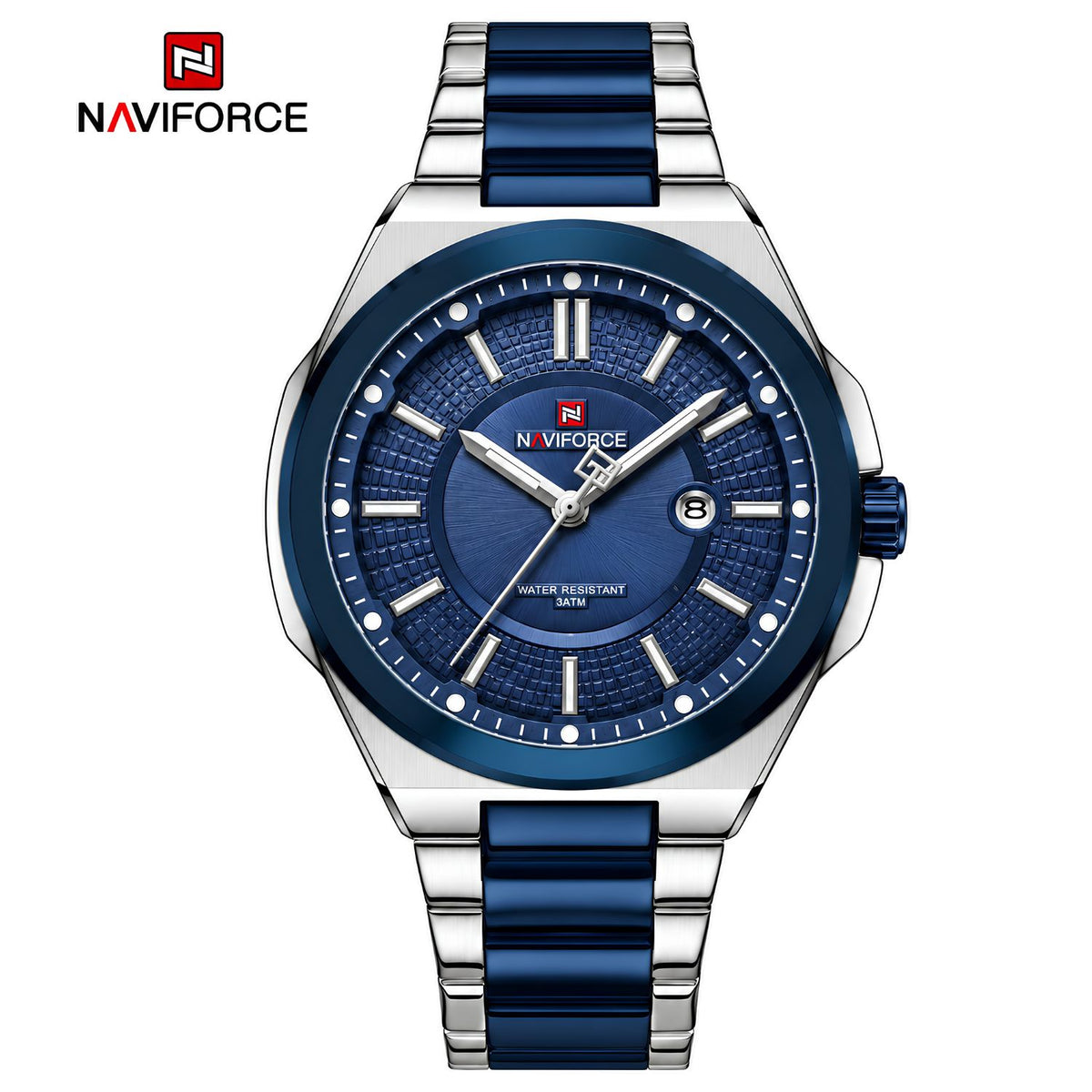 Naviforce Reloj Analógico Plateado y azul con Correa Bicolor de Acero Inoxidable, Diámetro de 43 mm y Resistencia al Agua 3 ATM.