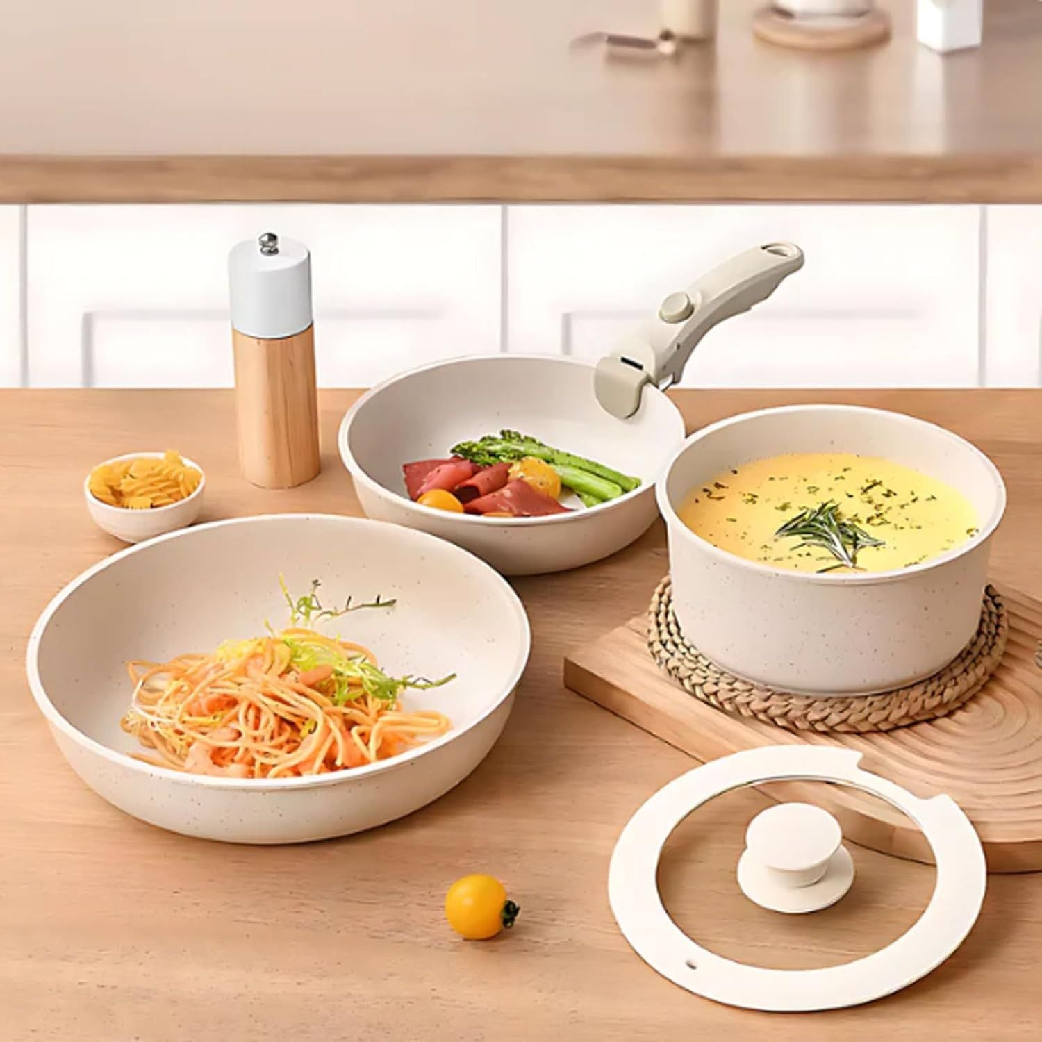 Batería de cocina antiadherente ollas 5 piezas con mango desmontable. Incluye Sartén, cacerola y tapa de vidrio