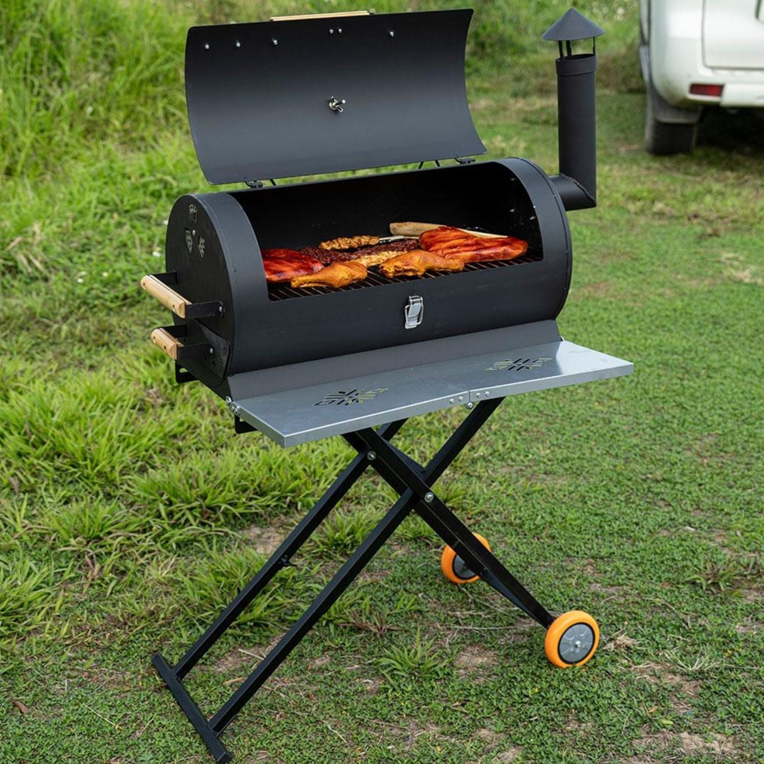Asador a Carbon Parrilla de Carbón para BBQ 69x34x103cm de Hierro con Termómetro y Mango de Madera.