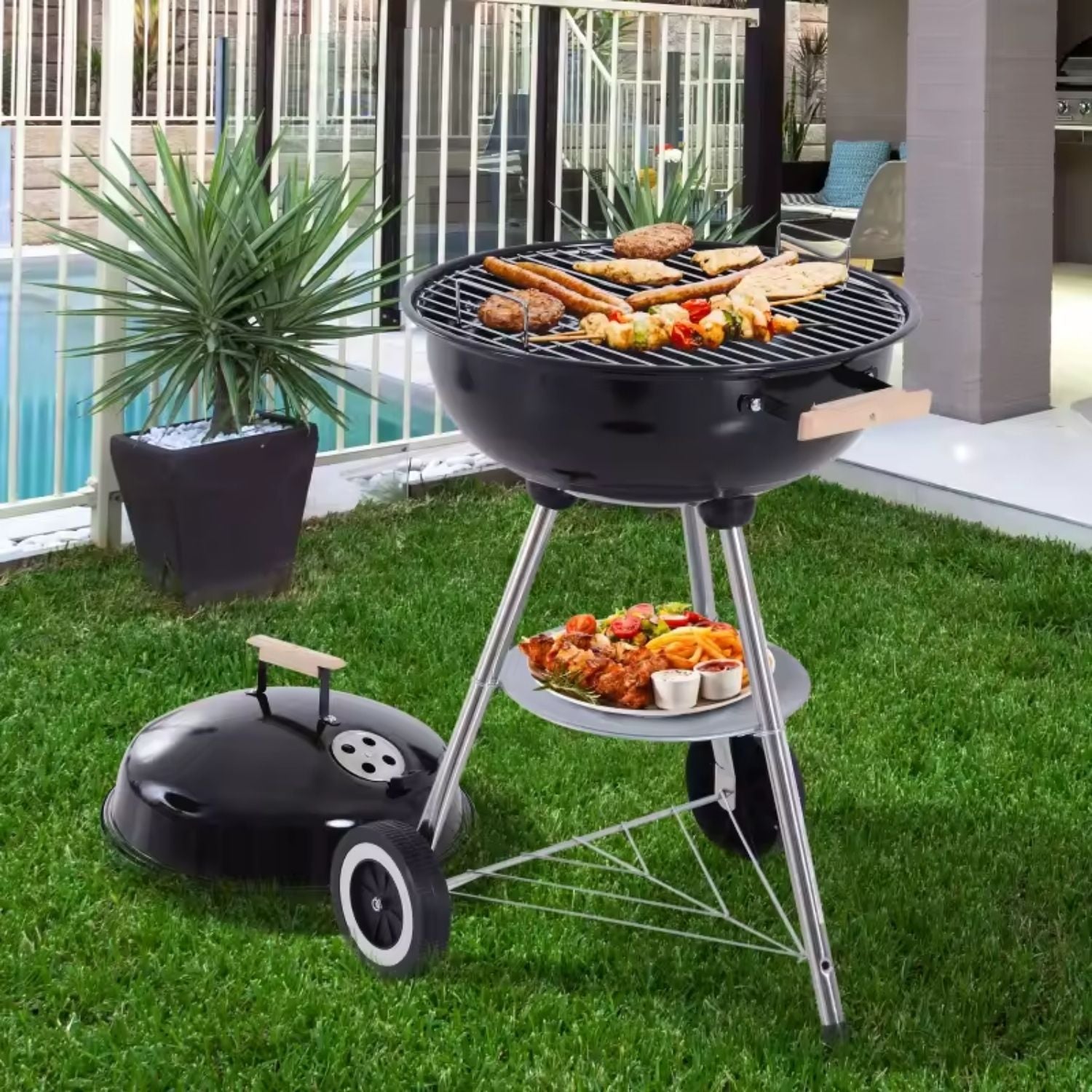 Parrilla de carbón redonda portátil 46x80 cm hierro con tapa y estante inferior estilo barbacoa BBQ. Asador al carbón.