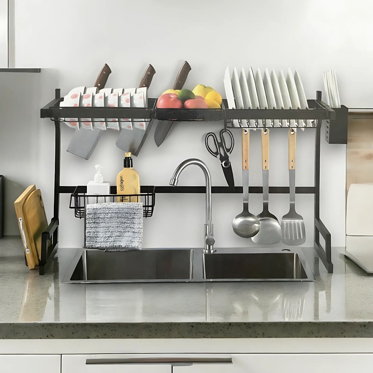 Escurridor Organizador de Platos para fregador. 85x28x52cm Color Negro. Estante para secar platos escurridor