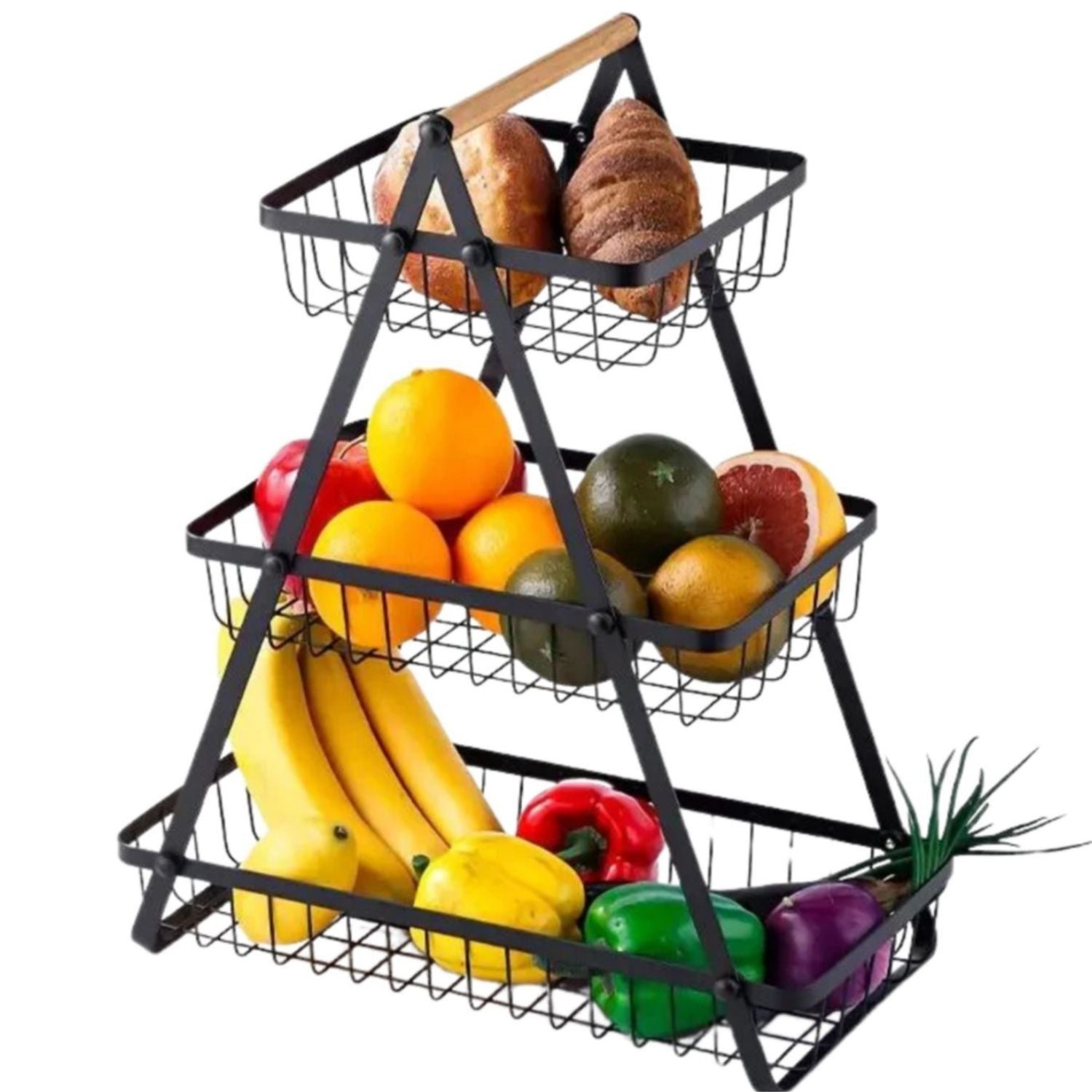 Organizador de Frutas y Vegetales 3 niveles 49x33 cm color negro en hierro con diseño apilable. Cesta Frutera. Cocina