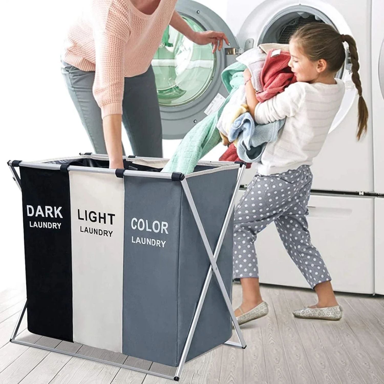 Cesta de ropa sucia plegable Cestos de 3 compartimentos 65x36x58 cm de aluminio plegable desmontable. Canasto Clasificador Para Baño O Lavandería