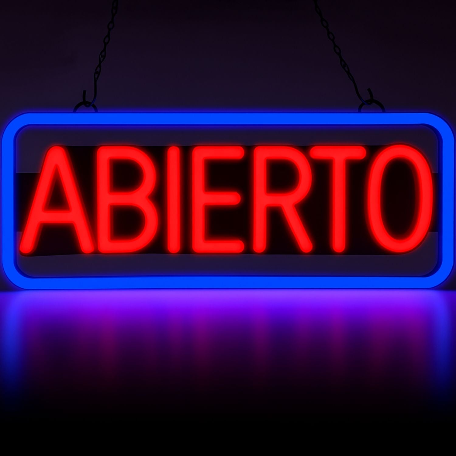 Letrero LED NEON ABIERTO, 50x25cm, Marco Azul y Texto Rojo, 110V con Cadena para Colgar. Moderno y Llamativo. Rotulo Neón Abierto