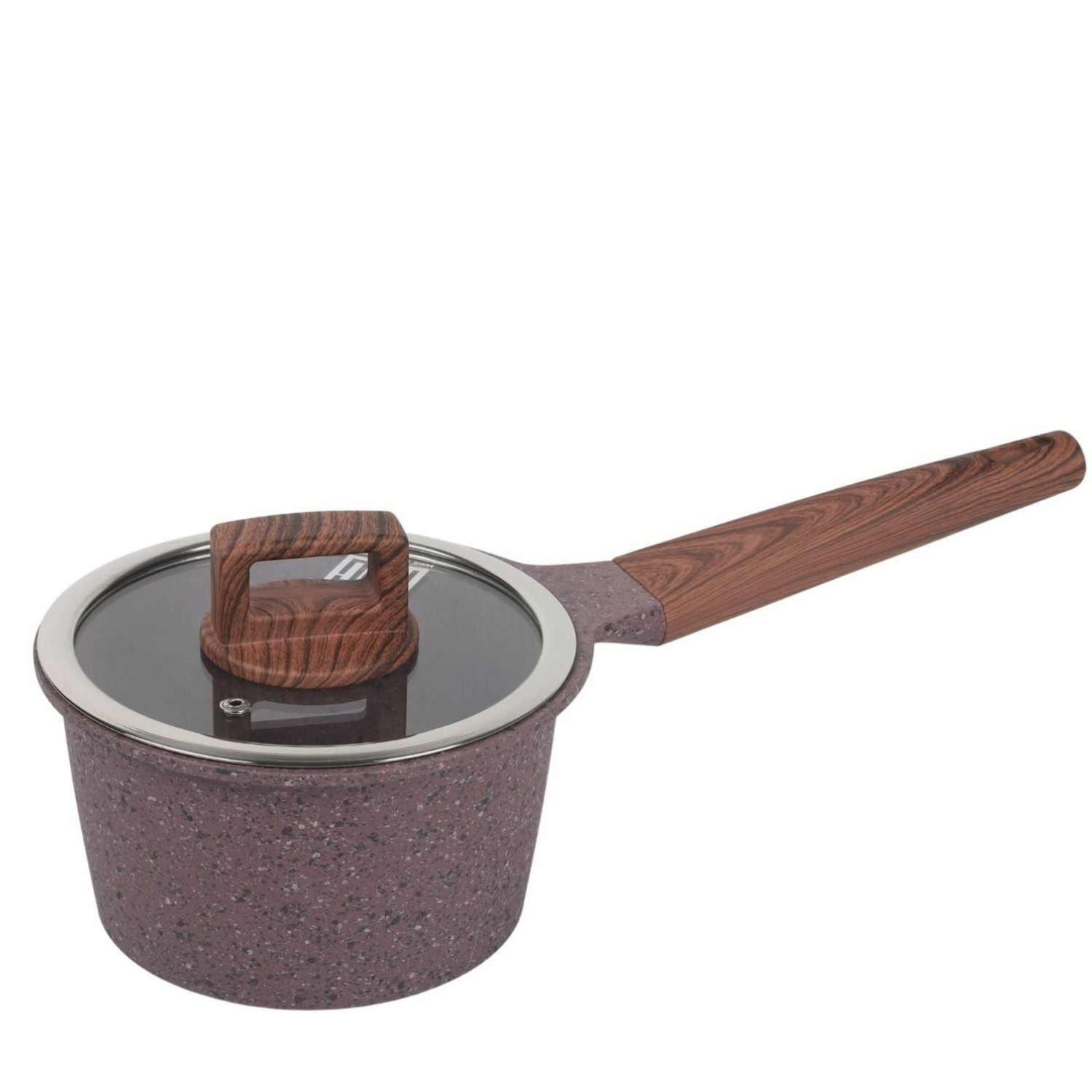 Olla Multifunción ceramica Antiadherente 16cm con Tapa de Vidrio Color Marrón Rojizo Mango Imitación Madera-Eco Friendly 100% libre de teflon