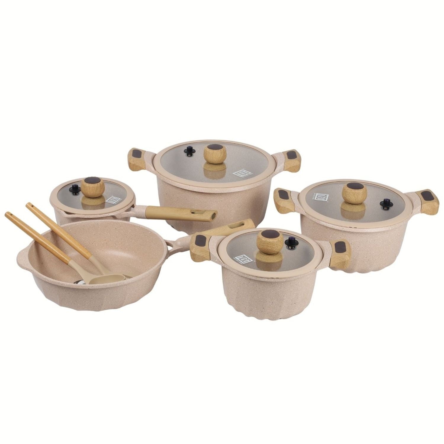 Ollas, Sartén, Utensilios Antiadherente ceramico Eco- Friendly con Mango de Madera. Set de 12 Piezas, Color Beige. Batería de Cocina. 100% libre de teflon