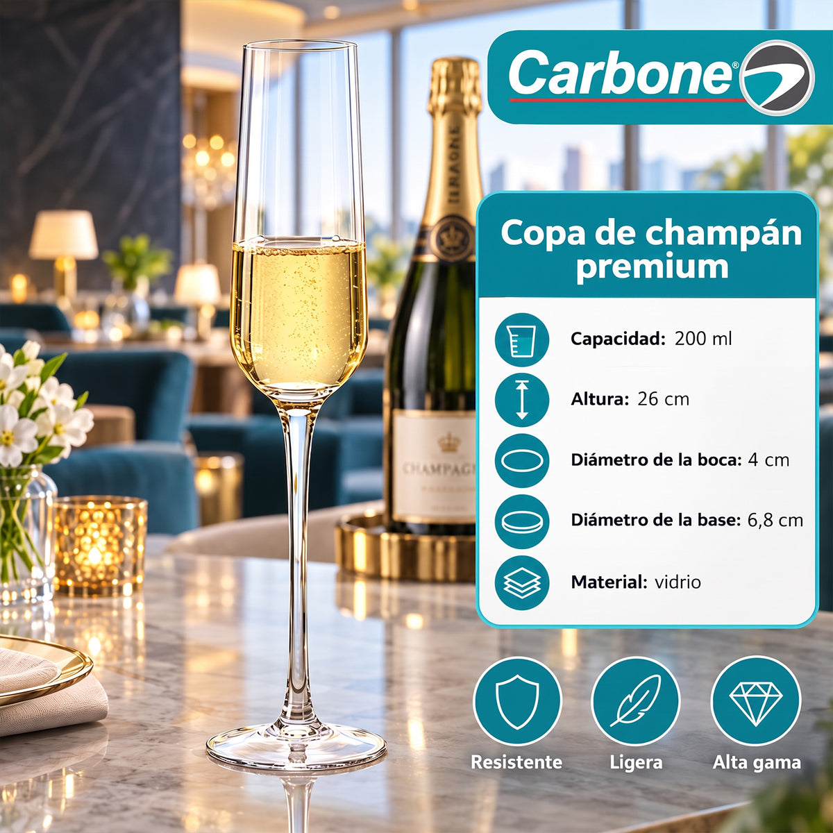 Copa de Champaña de Vidrio (200ml). Tipo Flauta con Diseño Alto y Elegante para Vinos Espumosos.