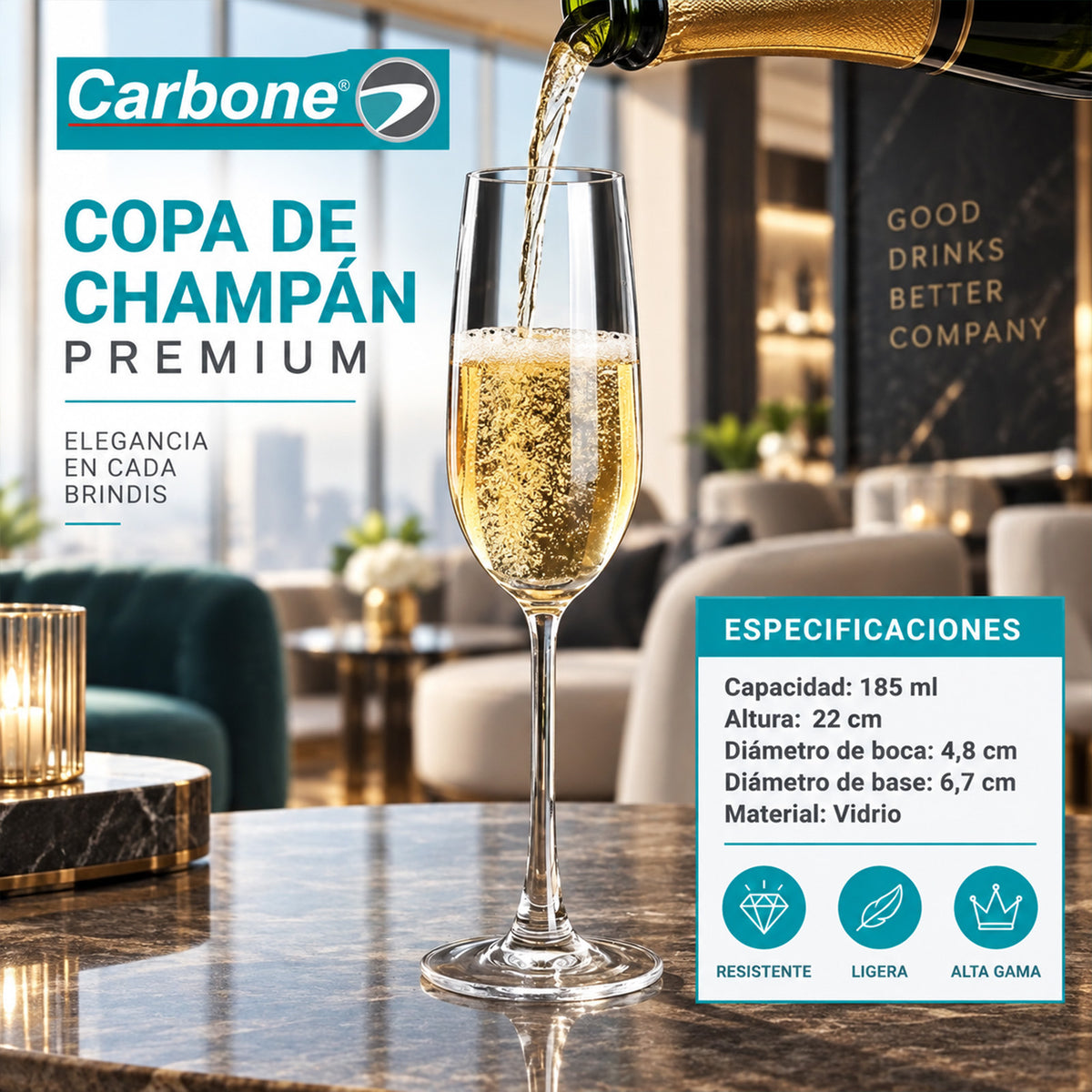 Copa de Champaña de Vidrio (285ml). Tipo Flauta con Diseño Alto y Elegante para Vinos Espumosos.