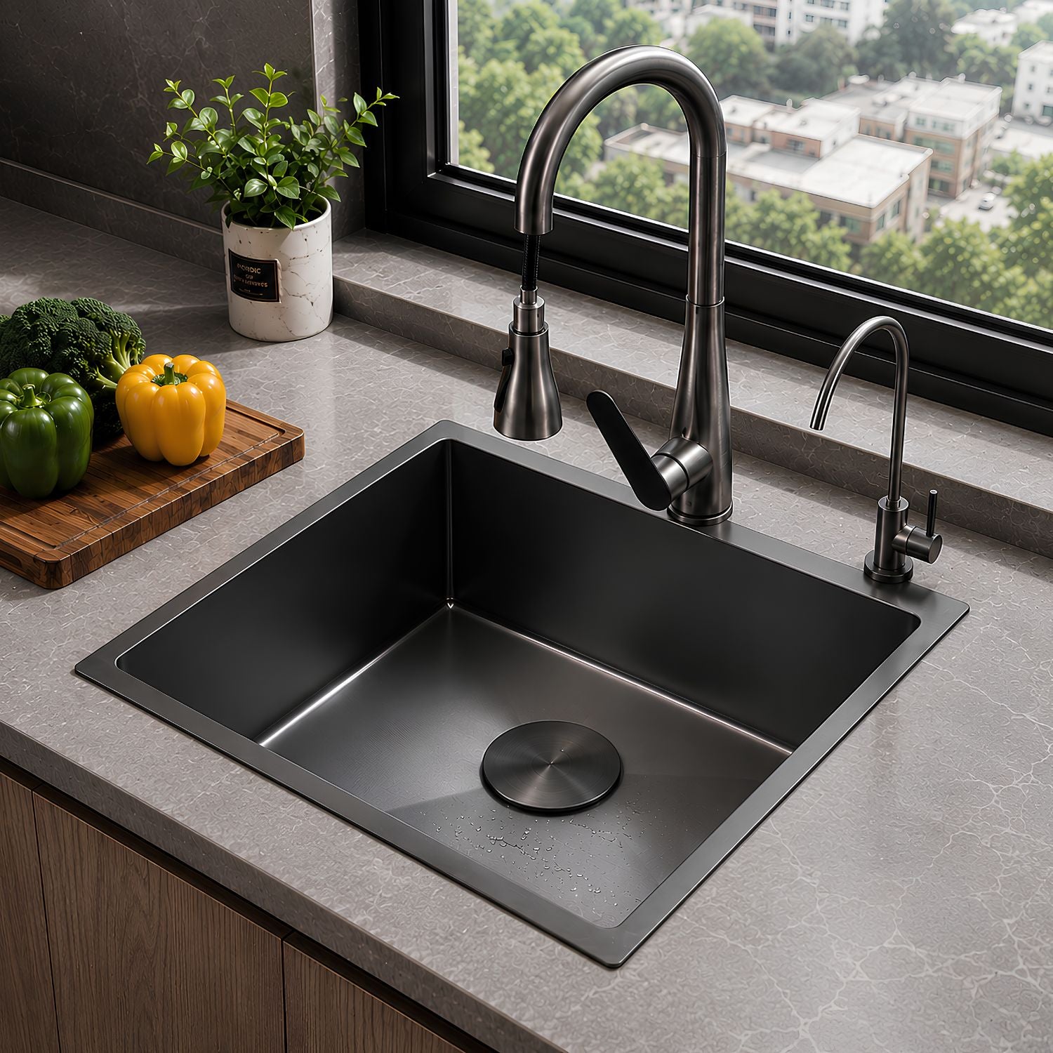 Fregador de Cocina 1 Tina SUS 304 Acero Inoxidable con Dispensador de Jabón. Lavaplatos Empotrable con Dispensador y Drenaje Anticondensación (50*45*20cm) Color Plomo