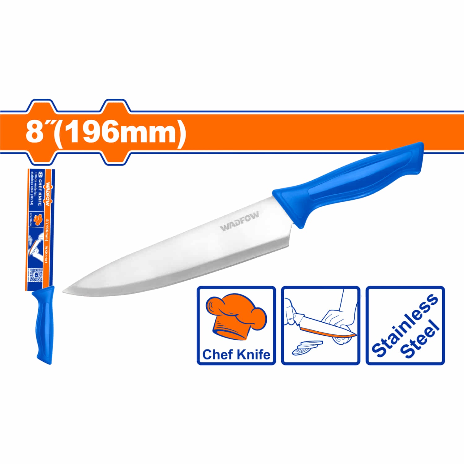 Cuchillo de Cocina Chef 8" Acero Inoxidable. Ideal para cortar, rebanar, picar, trocear.