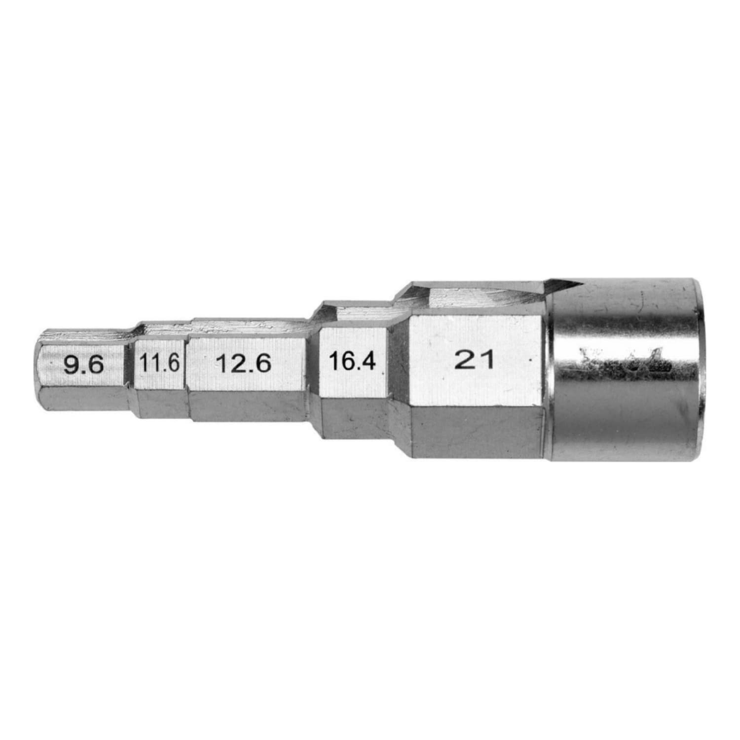 Llave De Paso escalonada Paso 1/2". Tamaños: 3/8", 29/68", 1/2", 21/32", 27/32" Material: Crv, Con Ranura A Lo Largo. Llave hexagonal de paso a paso.