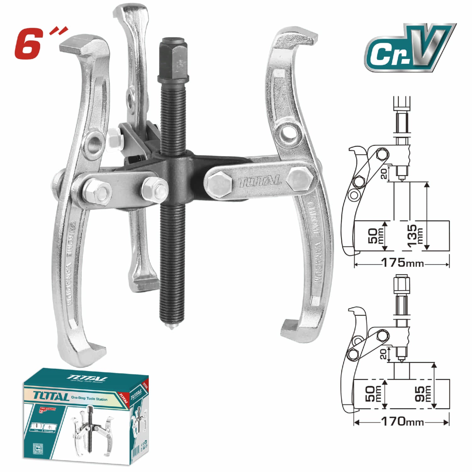 Extractor de 3 mandibulas de 6". Maxima Fuerza 6000 kg Cr-v, Tratamiento termico.