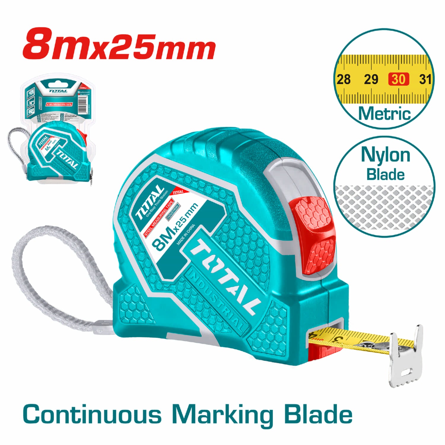 Cinta Métrica de diseño único de navaja de nylon de 8mX25mm. Metros.