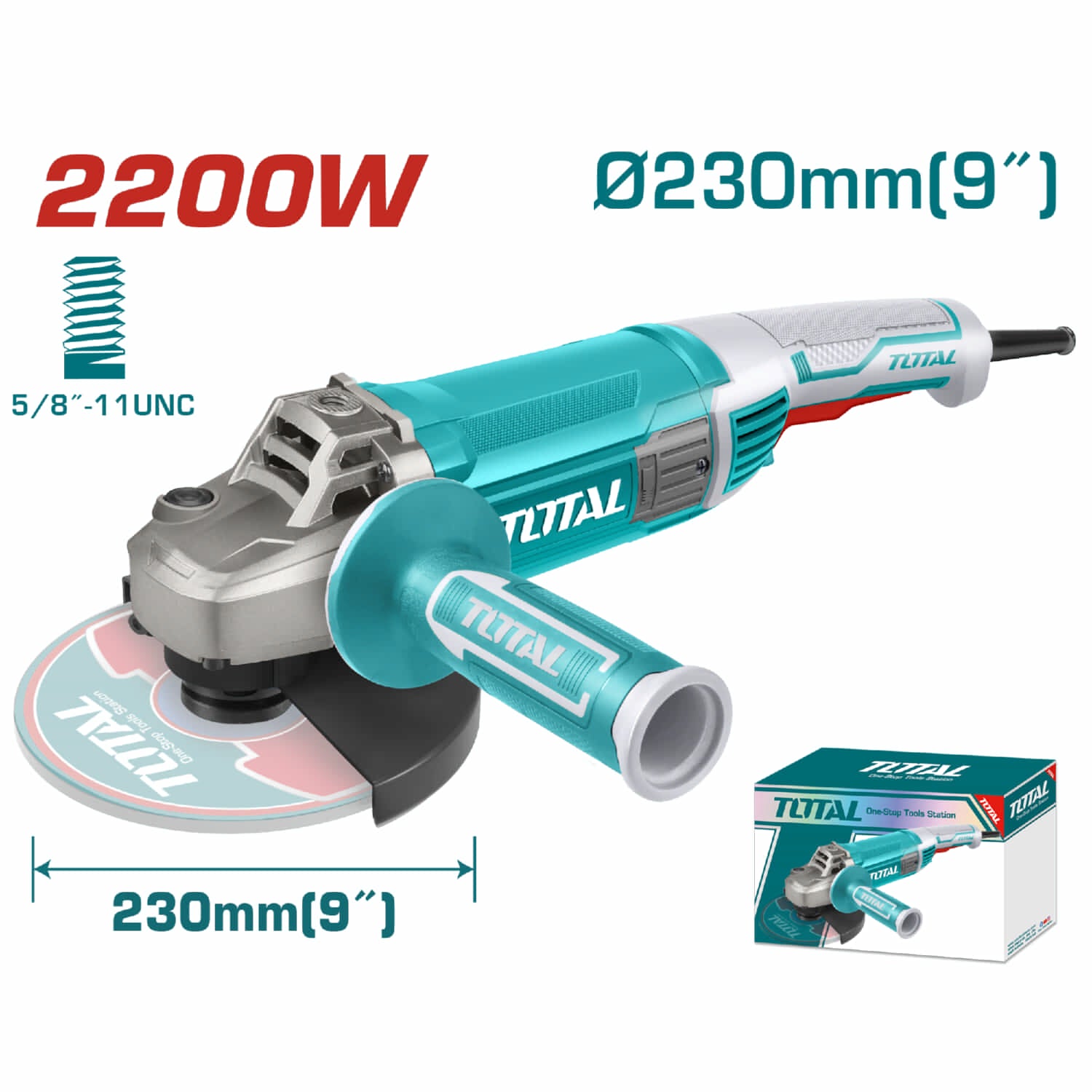 Esmeril angular de 9" Total 110V-120V~50/60Hz 2200W. 5/8"-11 UNC, 6600/min.