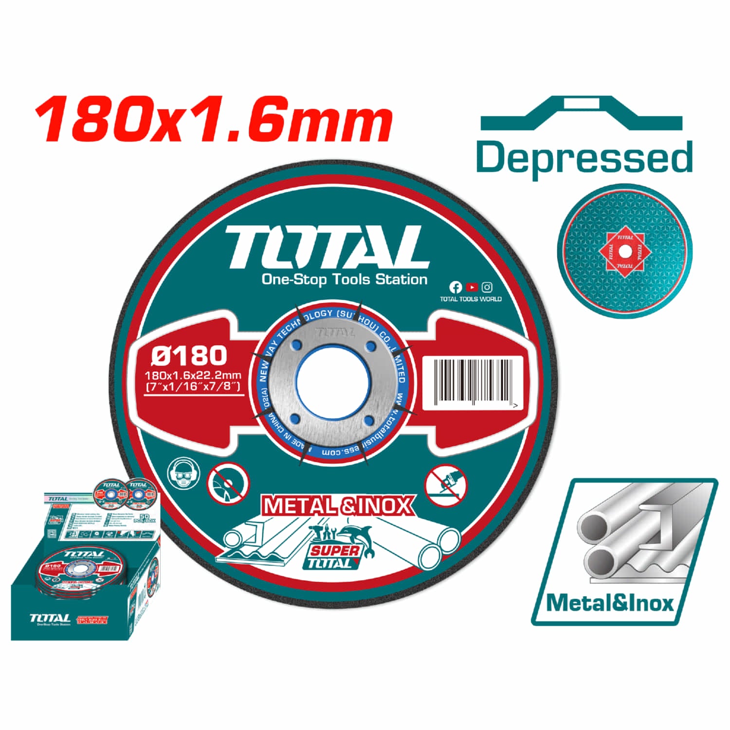 Disco corte metal y acero inoxidable 180mm 7"X1.6mm(1/16")X22.2 mm(7/8") Concavo. (1 pza)