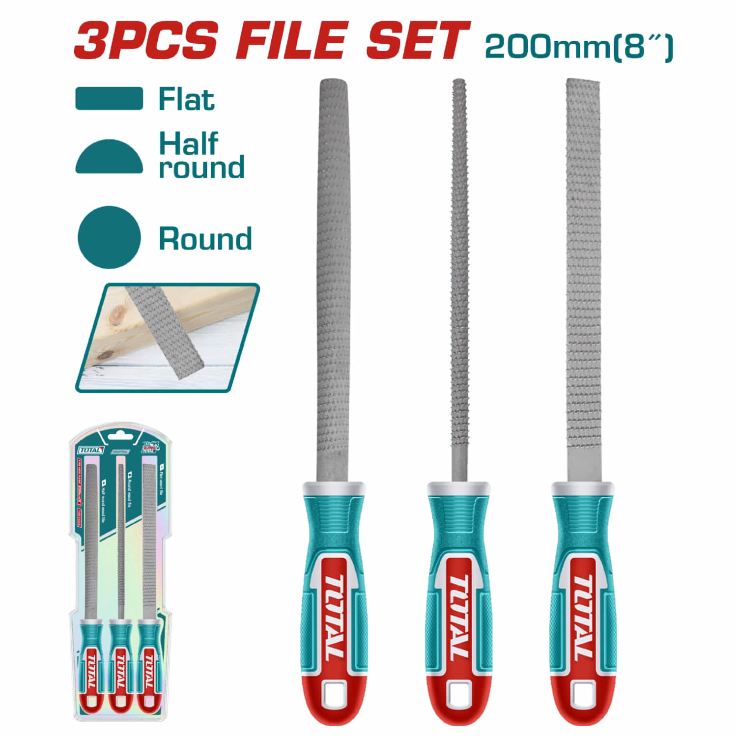 Set de 3 limas para madera. Plana , redonda y media caña. Largo 8"mm. Acero T12.