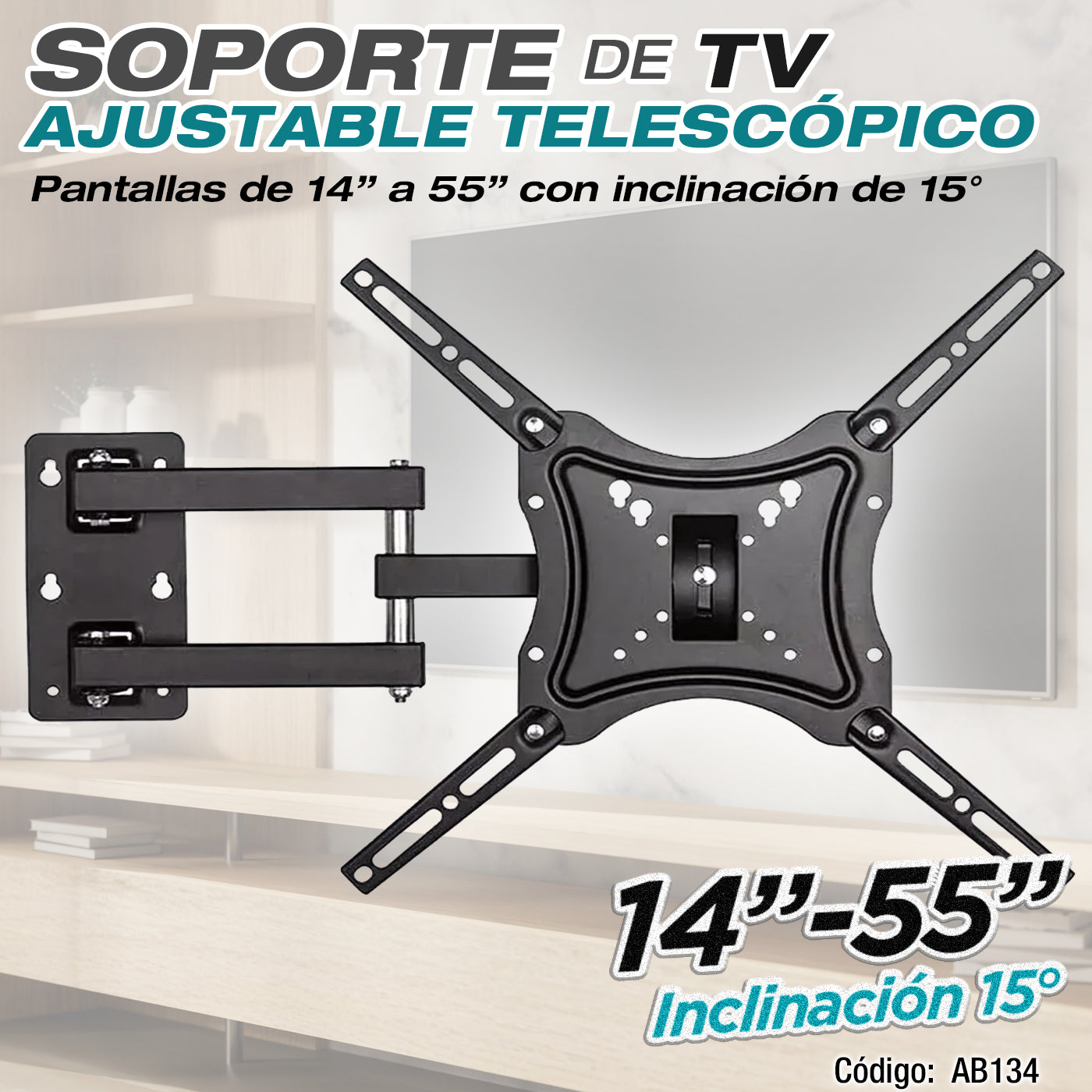 Soporte de TV Ajustable Telescópico HDL-117B-2 para Pantallas de 14-55'' con Inclinación de 15° y VESA 400x400mm. Brazo de pared para televisor.