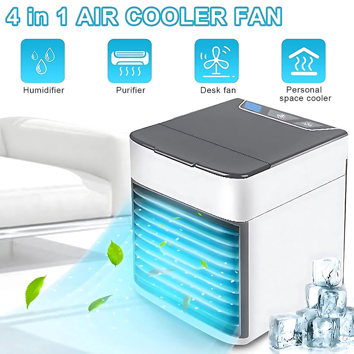 Abanico Acondicionador De Aire Con Agua Portátil. 3 velocidades. Carga USB. 300ml.
