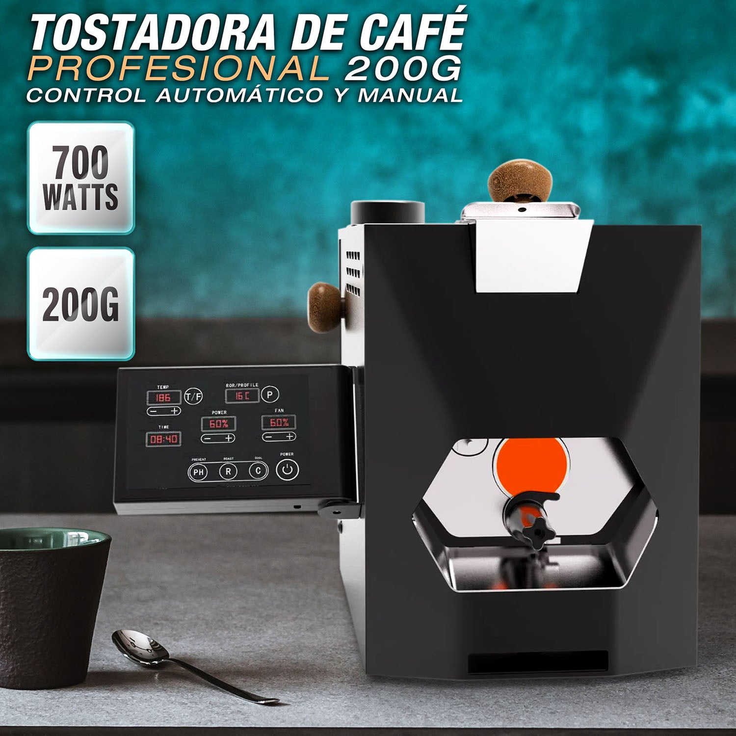 Tostadora de Café Profesional 200g con control digital. Máquina Tostadora de Café en Grano 700W.