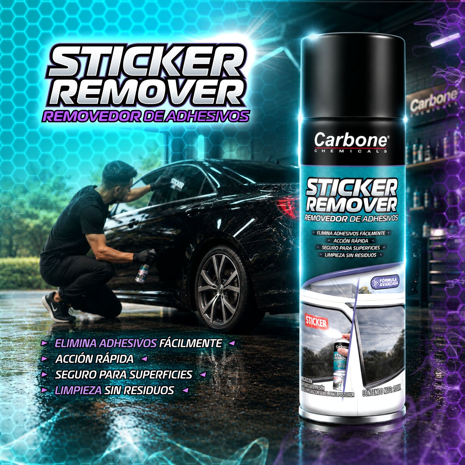 Removedor de Adhesivos en Spray 200 ml Alta Potencia. Limpiador de Pegamento y Etiquetas para Auto Vidrio Metal y Superficies