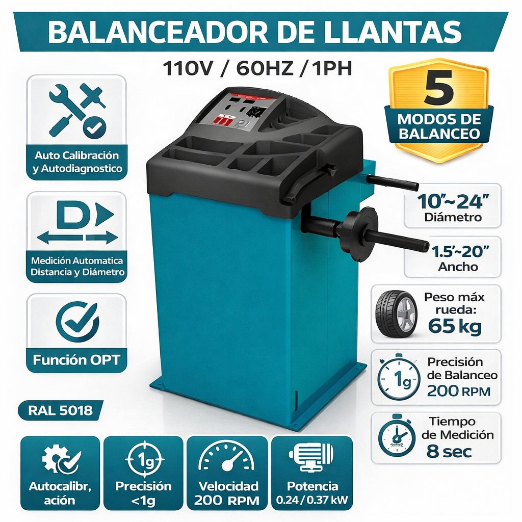 Balanceador De Llantas U-520 110V/60HZ/1PH. 200 rpm. D: 10"~ 24" Anch: 1.5"~ 20" 5 Modos De Equilibrio.
